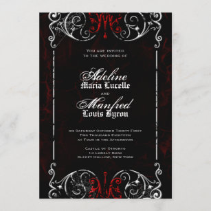 Convite Casamento Gótico Victoriano Vermelho Spooky, Negro