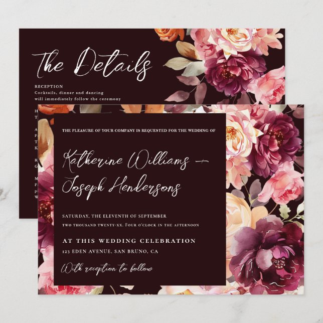 Convite Casamento Grafismo Script Burgundy Detalhes (Frente/Verso)