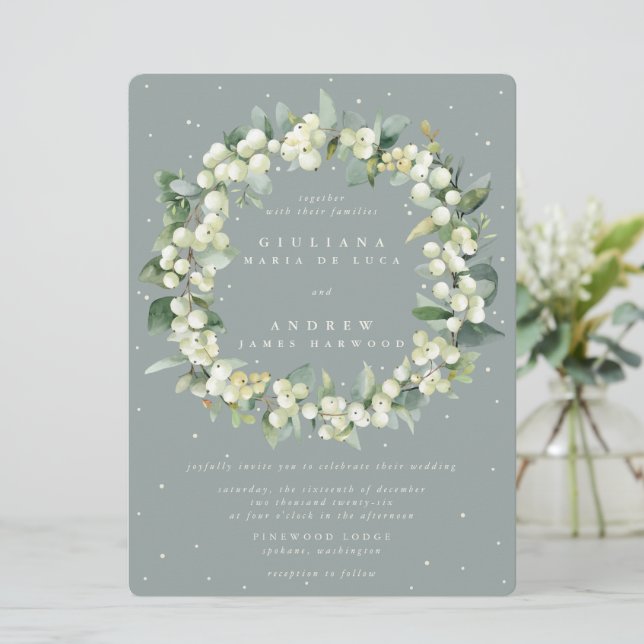 Convite Casamento Grande de Snowberry+Eucalyptus Wreath (Em pé/Frente)