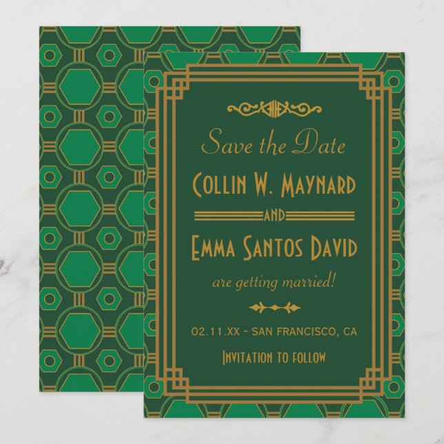 Convite Casamento Green Art Deco Salve A Data (Frente/Verso)