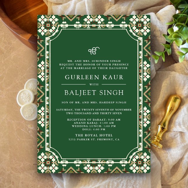 Convite Casamento Green Beige Ikat Anand Karaj Sikh (Criador carregado)