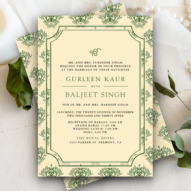 Convite Casamento Green Cream Ikat Anand Karaj Sikh (Criador carregado)