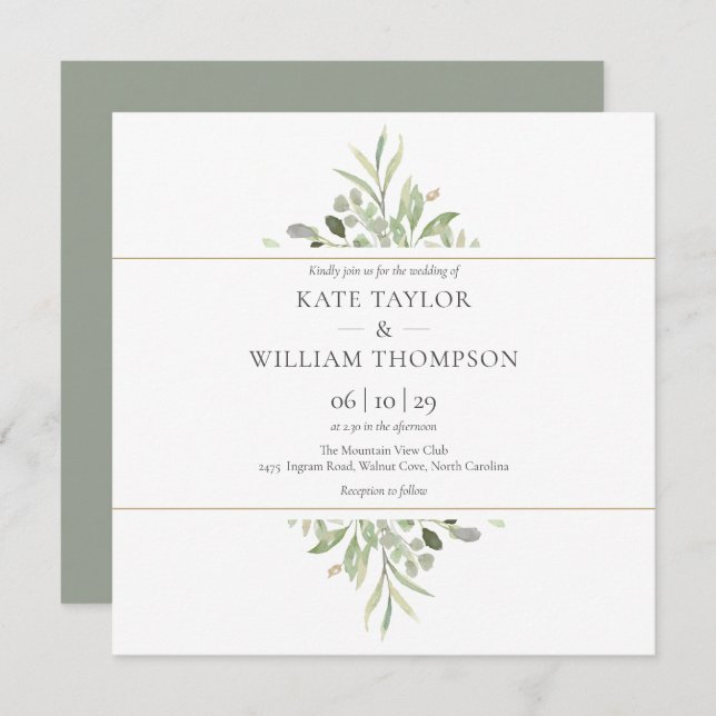 Convite Casamento Greenery Botanical Watercolor  (Frente/Verso)