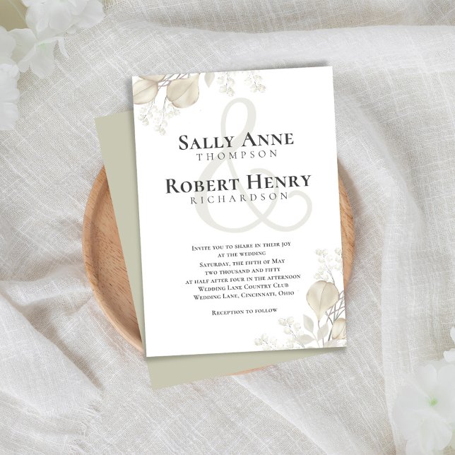 Convite Casamento Greenery Calliografia Script Ampersand (Simple and elegant sage green and cream foliage wedding invitation.)