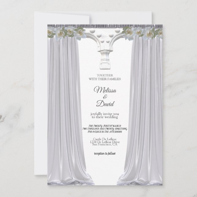 Convite Casamento Grego Floral Branco Elegante Arco (Frente)