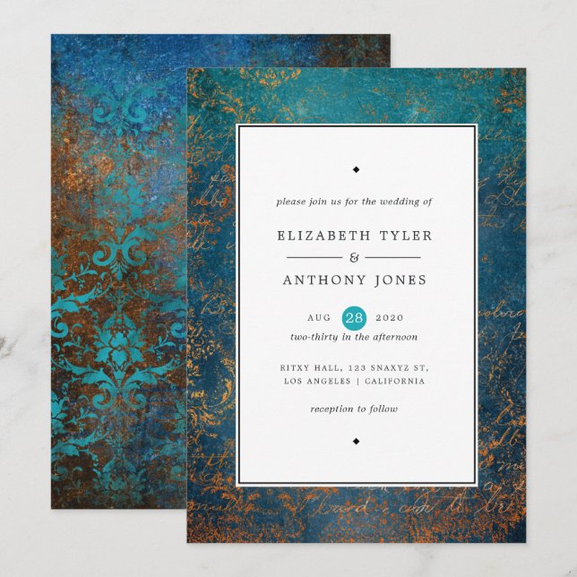Convite Casamento Grunge Cobre Pátina e Turquesa (Frente/Verso)