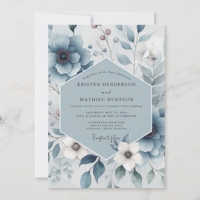 Convite Casamento Harmonia Floral Azul Ardósia (Frente)