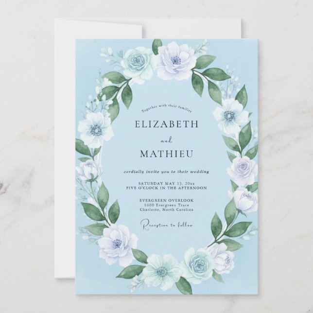 Convite Casamento Harmonioso de Primavera Azul Celeste (Frente)