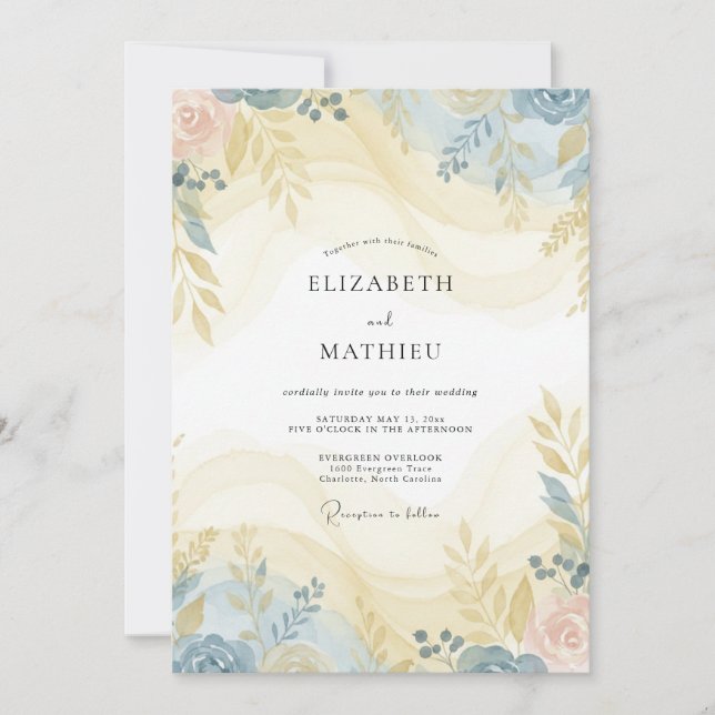 Convite Casamento Harmonioso de Primavera Azul Pálido (Frente)