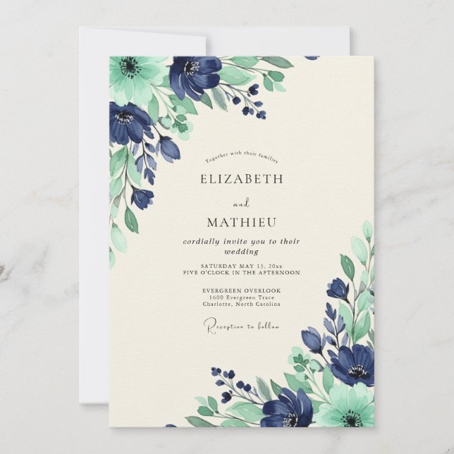 Convite Casamento Harmonioso de Primavera em Verde Azul (Frente)