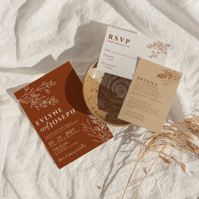 Convite Casamento Herbal Floral Boho Burnt Orange Terracot (Criador carregado)
