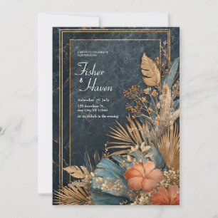 Convite Casamento Hibisco Tropical Azul Esverdeado Dourado