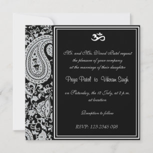 Convite Casamento hindu com Damask índio preto e branco