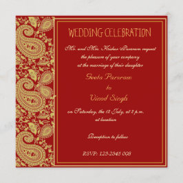 Convite Casamento hindu de paisley vermelho e dourado
