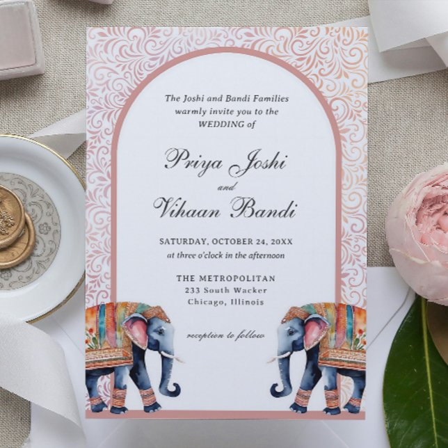 Convite Casamento Hindu do Elefante Indiano de Aquarela (indian wedding invitation, hindu wedding invitation, elephant floral wedding invite, mundap arch)