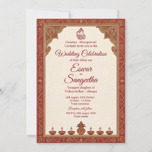 Convite Casamento Hindu Mandala Vermelho e Dourado Tradici