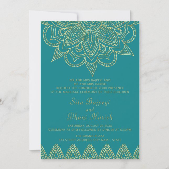 Convite Casamento Hindu Mehndi, Dourado Verde Azul-Índio (Frente)