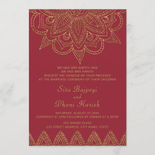Convite Casamento Hindu Mehndi, Dourado Vermelho Índio