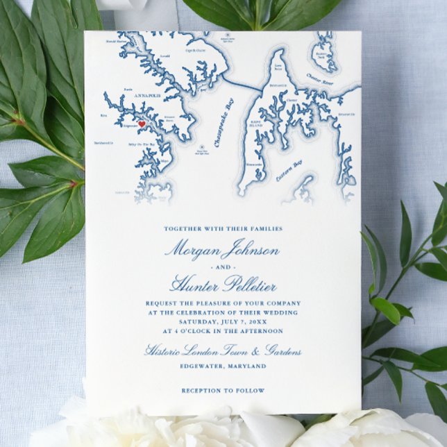 Convite Casamento Histórico London Town Annapolis MD  (Historic London Town Wedding Invitation Annapolis MD Wedding in Navy Blue by Coastal Map Designs)