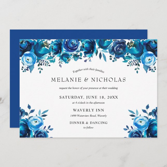 Convite Casamento horizontal floral com cor aquosa azul de (Frente/Verso)