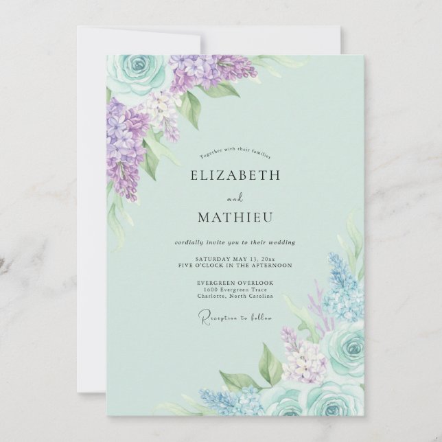Convite Casamento Hortênsia Eucalipto Lilás Menta (Frente)