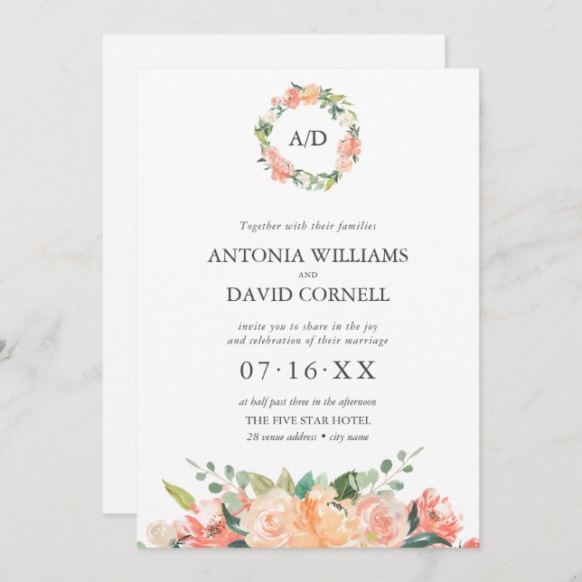 Convite Casamento I do Monograma Botânico de Pessegueira F (Frente/Verso)