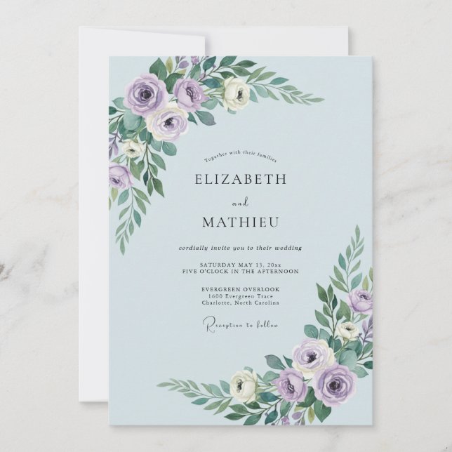 Convite Casamento Idílico de Primavera Azul Pó (Frente)
