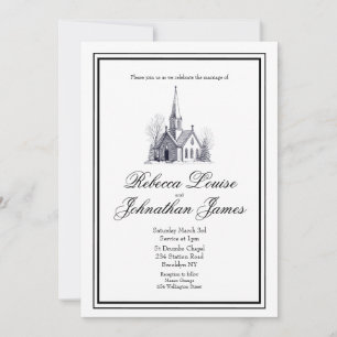Convite Casamento Igreja Script Branco Preto Elegante Cape