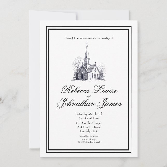 Convite Casamento Igreja Script Branco Preto Elegante Cape (Frente)