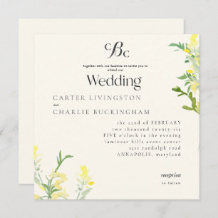 Convite Casamento II Quadrado de Monograma de Flores Selva