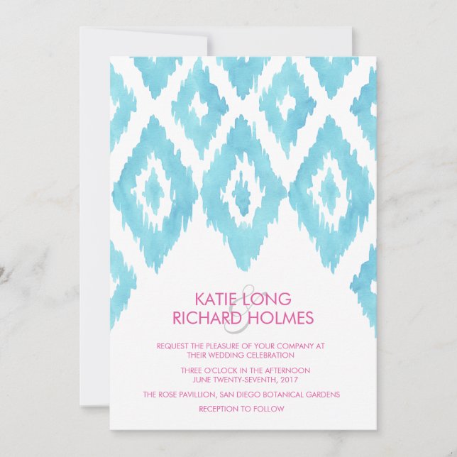 Convite Casamento Ikat Azul Turquesa (Frente)