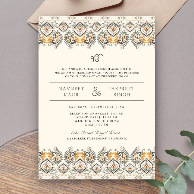 Convite Casamento Ikat Paisley Border Cream Anand Karaj Si (Criador carregado)