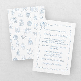 Convite Casamento Ilustrado Azul Desenhado à Mão Caprichos