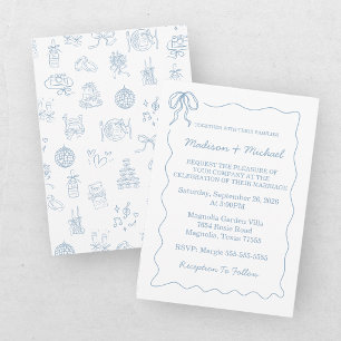 Convite Casamento Ilustrado Azul Desenhado à Mão Caprichos