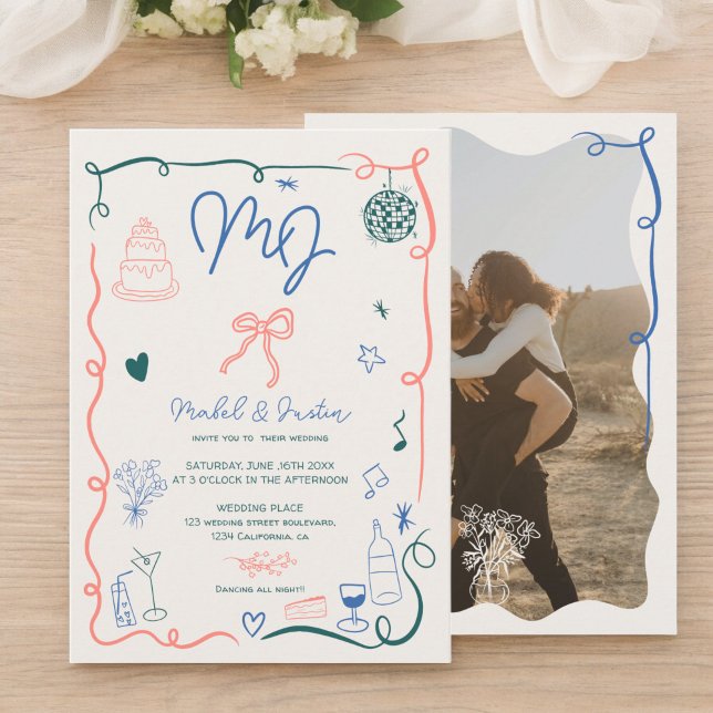 Convite Casamento ilustrado com as iniciais retrorreflecto (Retro initials handdrawn illustrated photo wedding invitation)