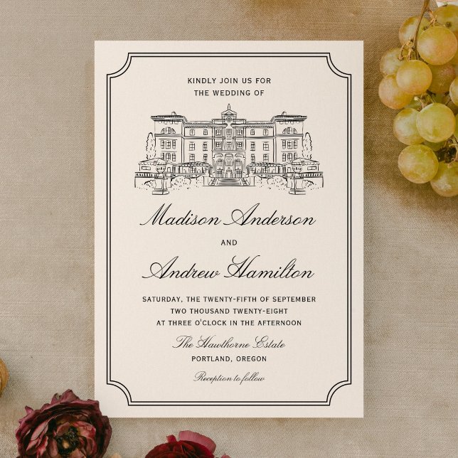 Convite Casamento Ilustrado de Mansão Clássica (Criador carregado)