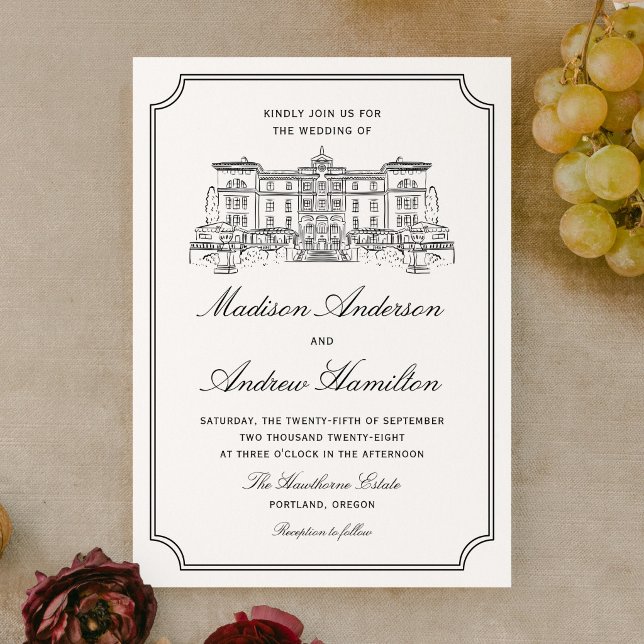 Convite Casamento Ilustrado de Mansão Clássica (Criador carregado)