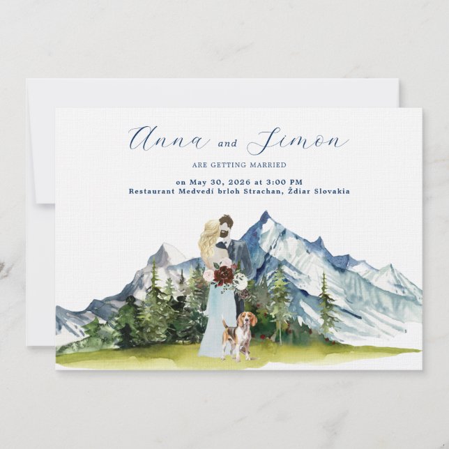 Convite Casamento Ilustrado na Montanha Rústica (Frente)