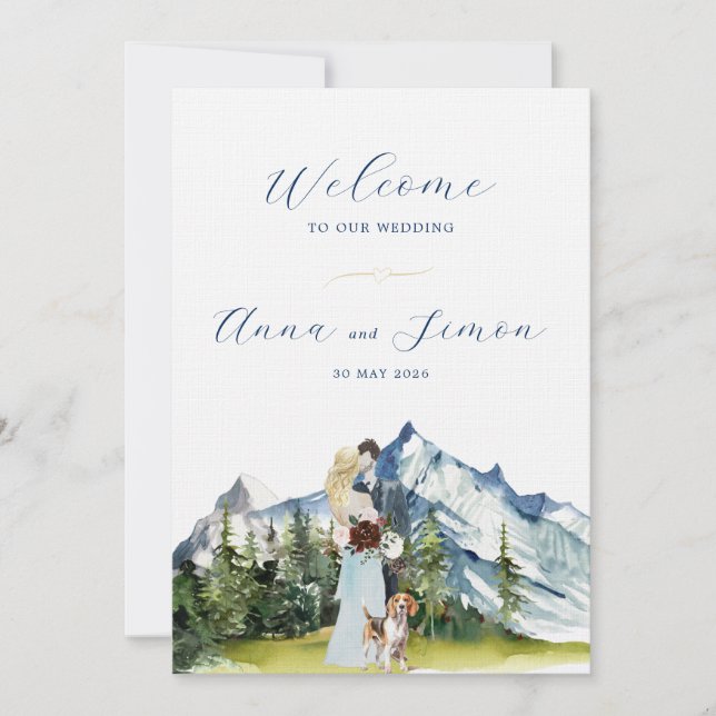 Convite Casamento Ilustrado na Montanha Rústica (Frente)