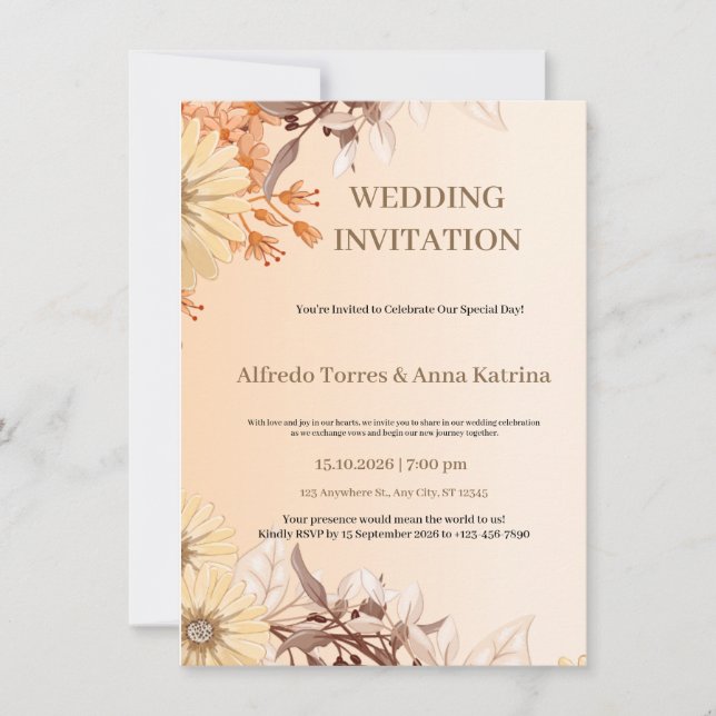 Convite Casamento Ilustrativo de Castanho e Laranja (Frente)