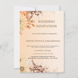 Convite Casamento Ilustrativo de Castanho e Laranja