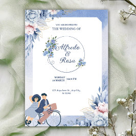 Convite Casamento Ilustrativo Floral Azul e Branco Suave