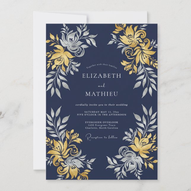 Convite Casamento Ilustre à Noite Azul-Marinho (Frente)