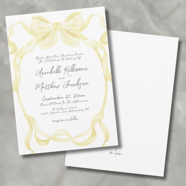 Convite Casamento Imísico com Fitas de Arco Amarelo Elegan (Elegant Yellow Bow Ribbons Whimsical Wedding Invitation)