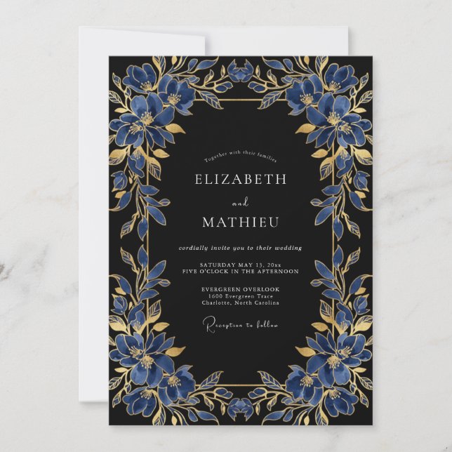 Convite Casamento Imperial Noturno Azul Naval (Frente)