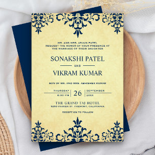 Convite Casamento Indiano Azul Étnico Vintage Damask