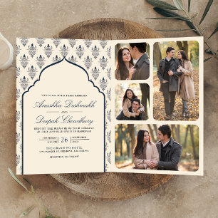 Convite Casamento Indiano Azul Naval Creme Ikat Tudo em Um