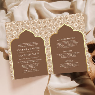 Convite Casamento Indiano Bege Marrom Padrão Tudo em Um