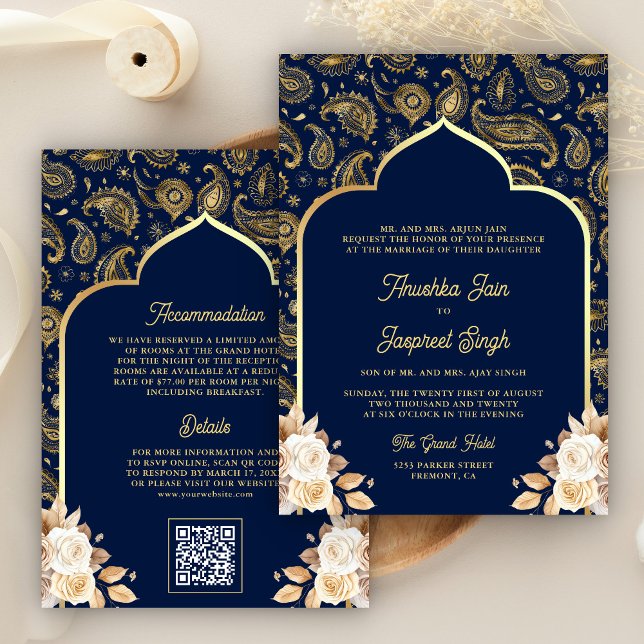 Convite Casamento Indiano Código QR Floral Paisley Azul Do (Criador carregado)