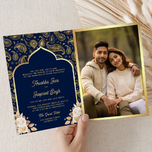 Convite Casamento Indiano Código QR Floral Paisley Azul Do